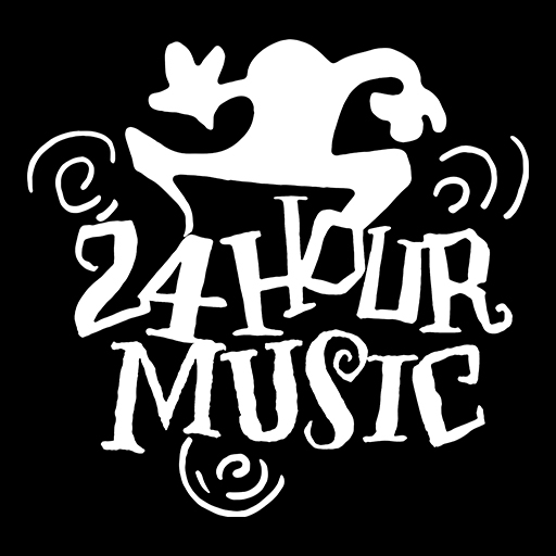 A black and white image of the logo for 2 4 hour music.